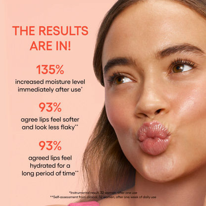 Woman with moisturized lips on a grapefruit background with LANEIGE Lip Sleeping Mask_EX (Grapefruit) Results of use information