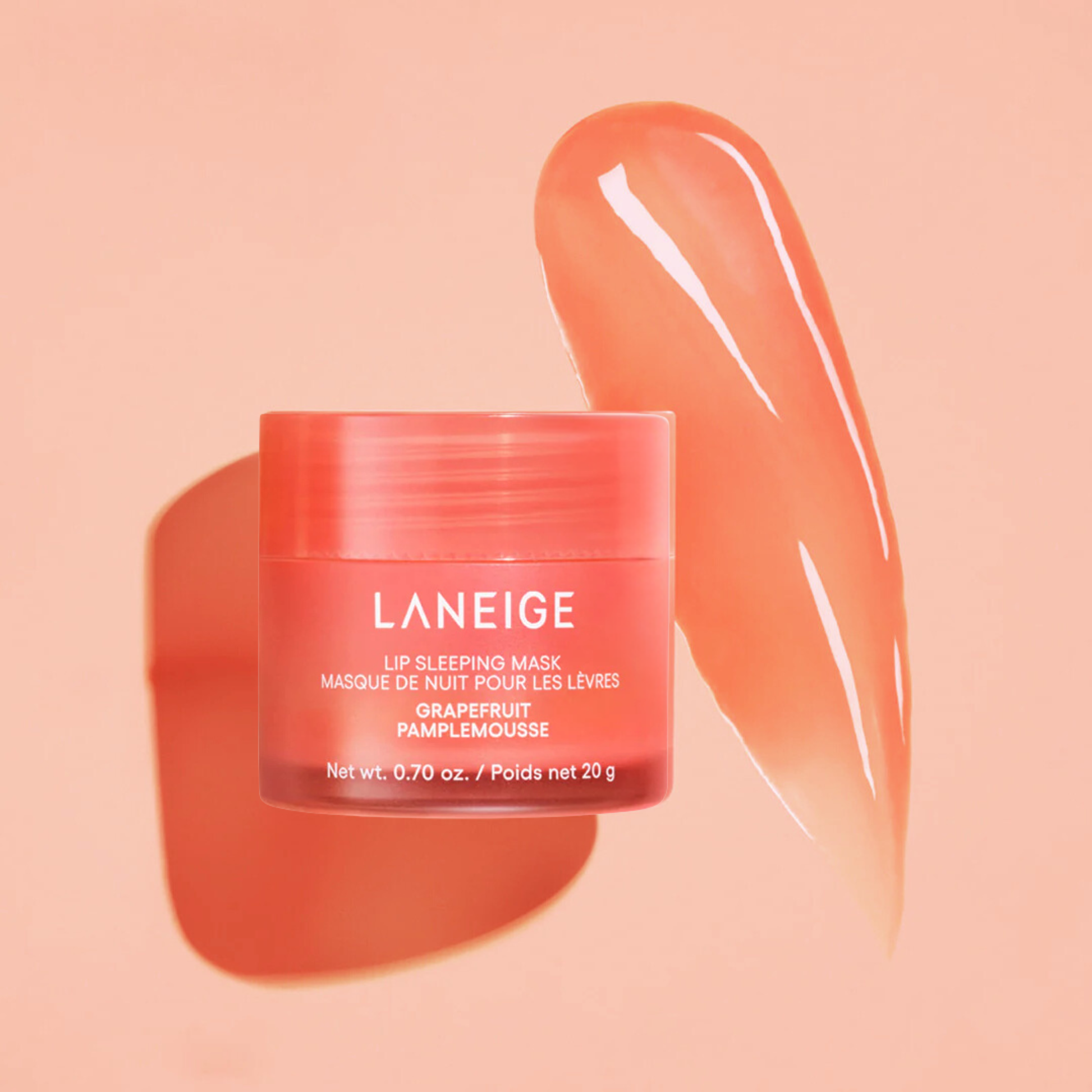 LANEIGE Lip Sleeping Mask_EX (Grapefruit) with a grapefruit colour swatch on a light grapefruit coloured background