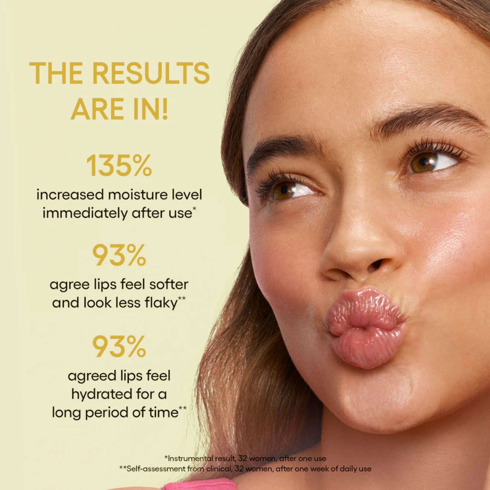 Woman with moisturized lips and product efficacy statistics on a beige background. LANEIGE Lip Sleeping Mask (Mango)