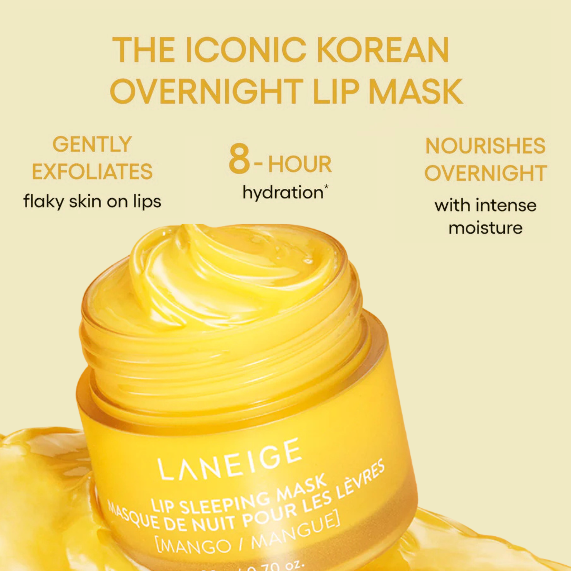 LANEIGE Lip Sleeping Mask (Mango) with product benefits on a light yellow background