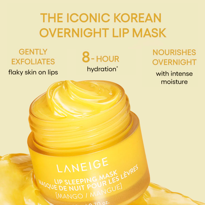 LANEIGE Lip Sleeping Mask (Mango) with product benefits on a light yellow background