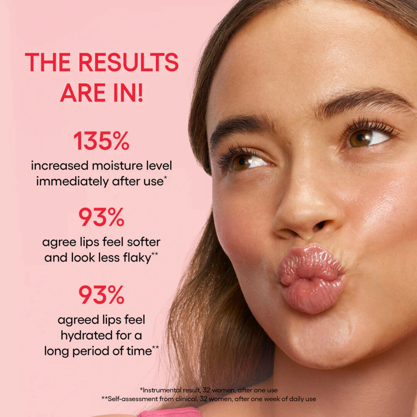 LANEIGE Lip Sleeping Mask Strawberry Shortcake product advertisement with a woman's lips and text  of clinical results on a pink background
