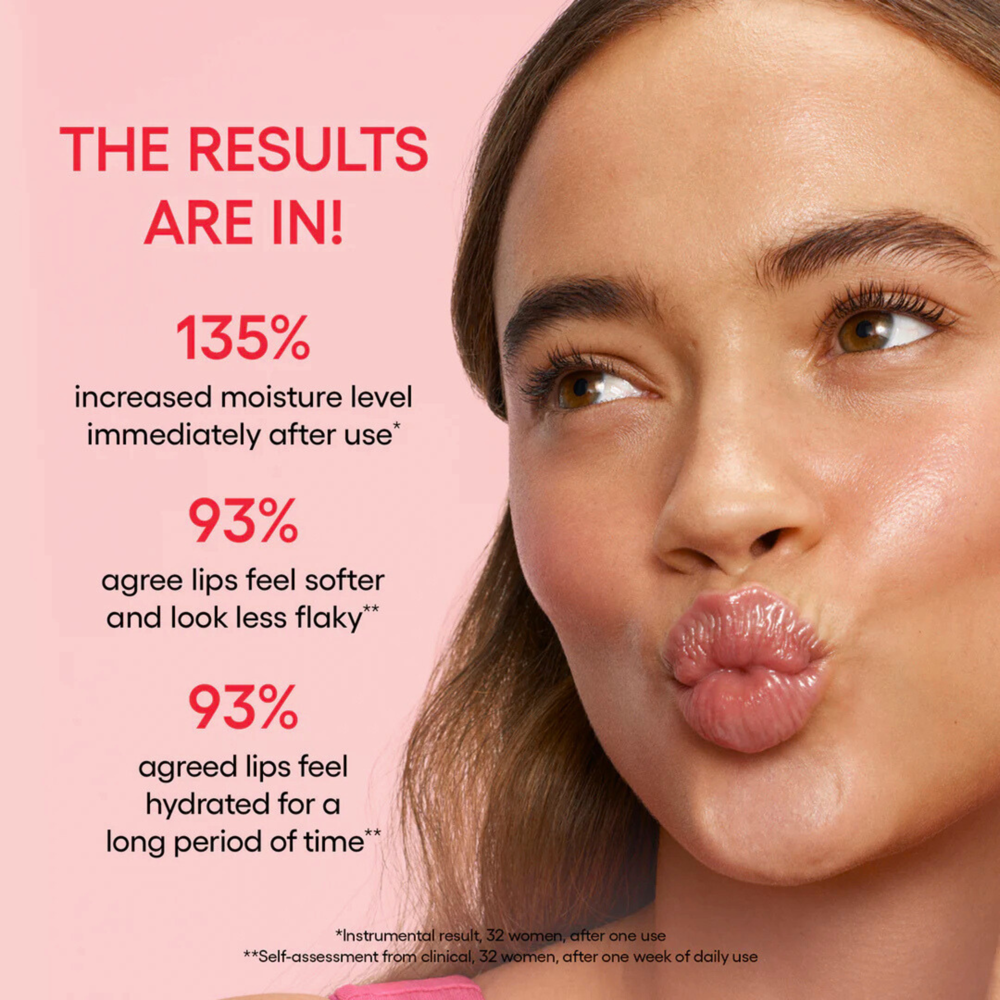 LANEIGE Lip Sleeping Mask Strawberry Shortcake product advertisement with a woman's lips and text  of clinical results on a pink background