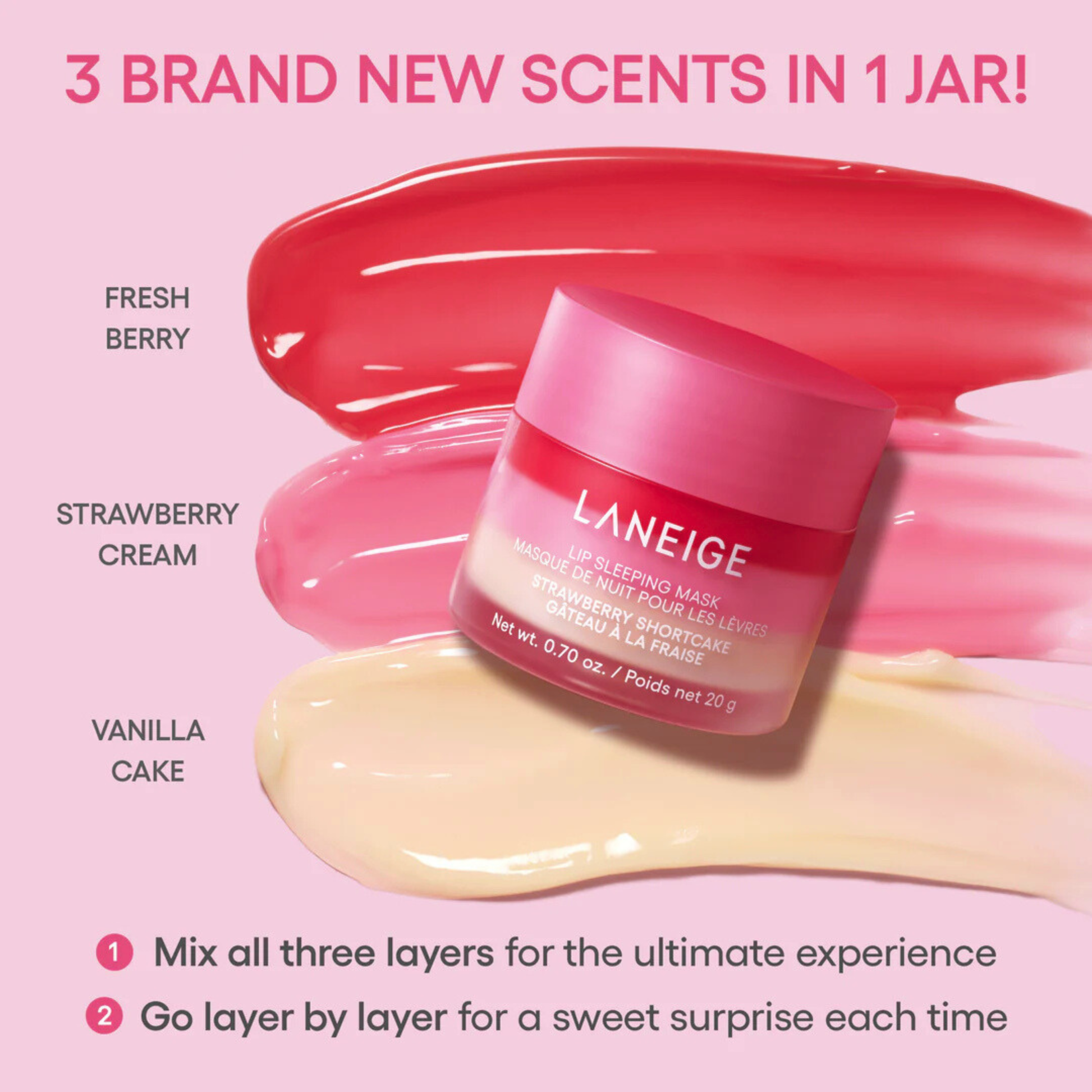 LANEIGE Lip Sleeping Mask Strawberry Shortcake pink, red and vanilla color swatches on a pink background