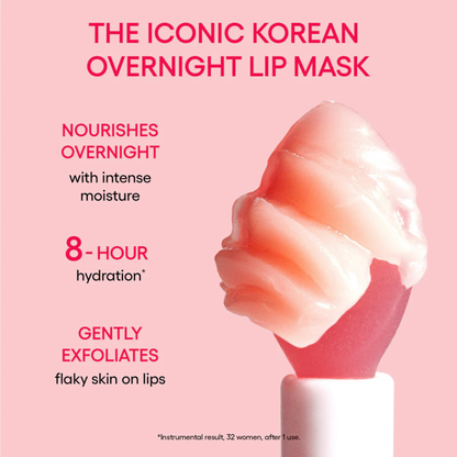 Korean overnight lip mask with text on a pink background. LANEIGE Lip Sleeping Mask Strawberry Shortcake with text on 8 hour hydration and exfoliation