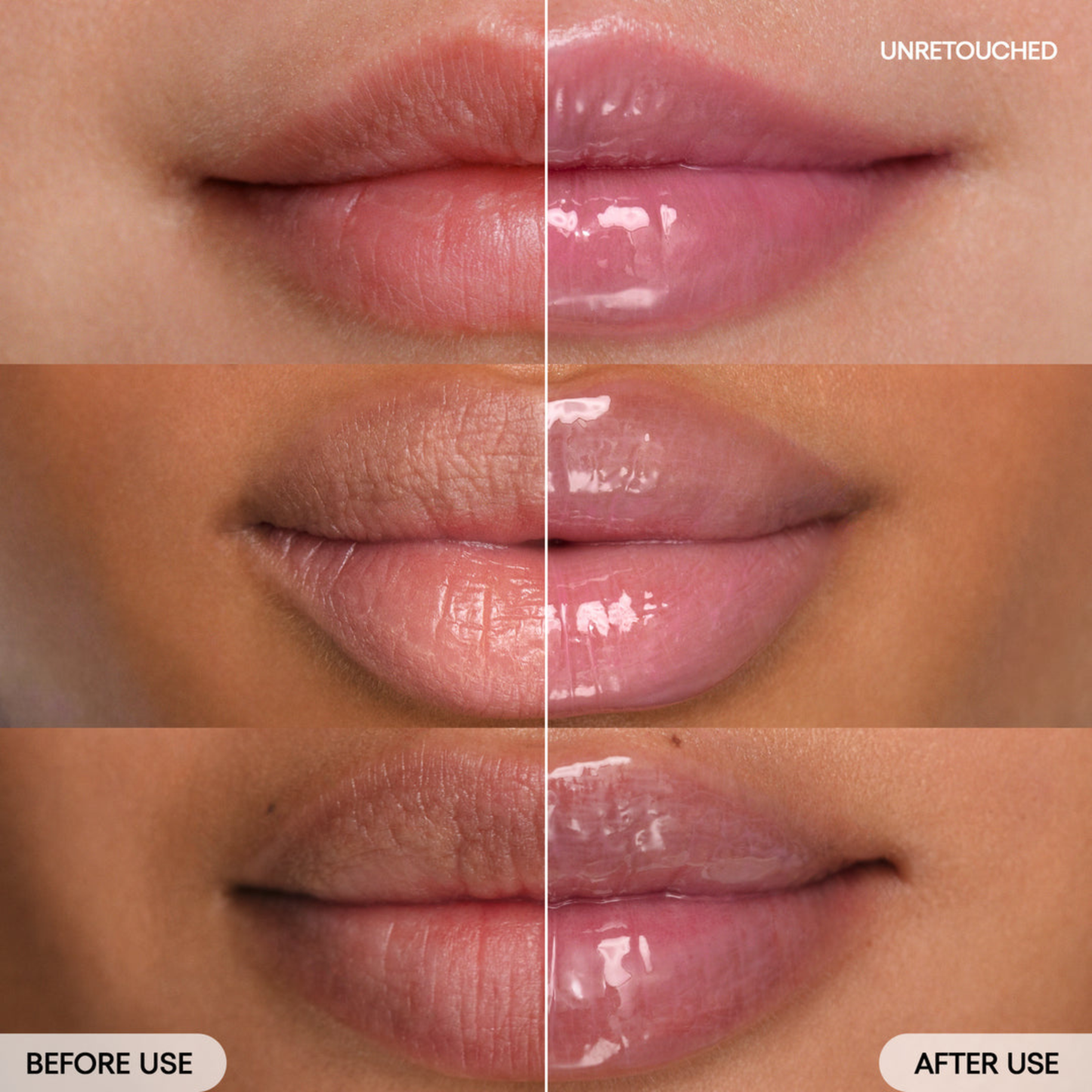 Before and after comparison of lips after applying the LANEIGE Lip Sleeping Mask