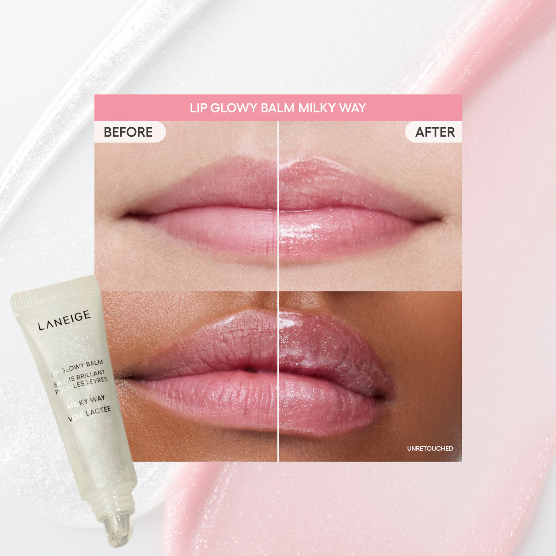 Before and after comparison of LANEIGE Lip Glowy Balm (Milky Way) with product packaging.