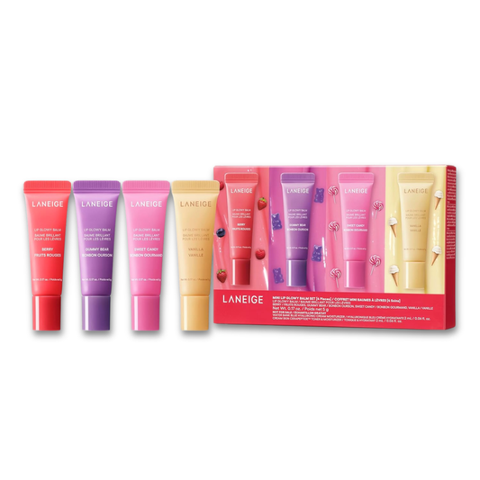 LANEIGE Mini Lip Glowy Balm Set (4pc) with product box on a white background