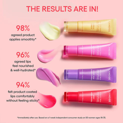 LANEIGE Mini Lip Glowy Balm Set (4pc) products with application samples on a pink background as well as text on clinical results