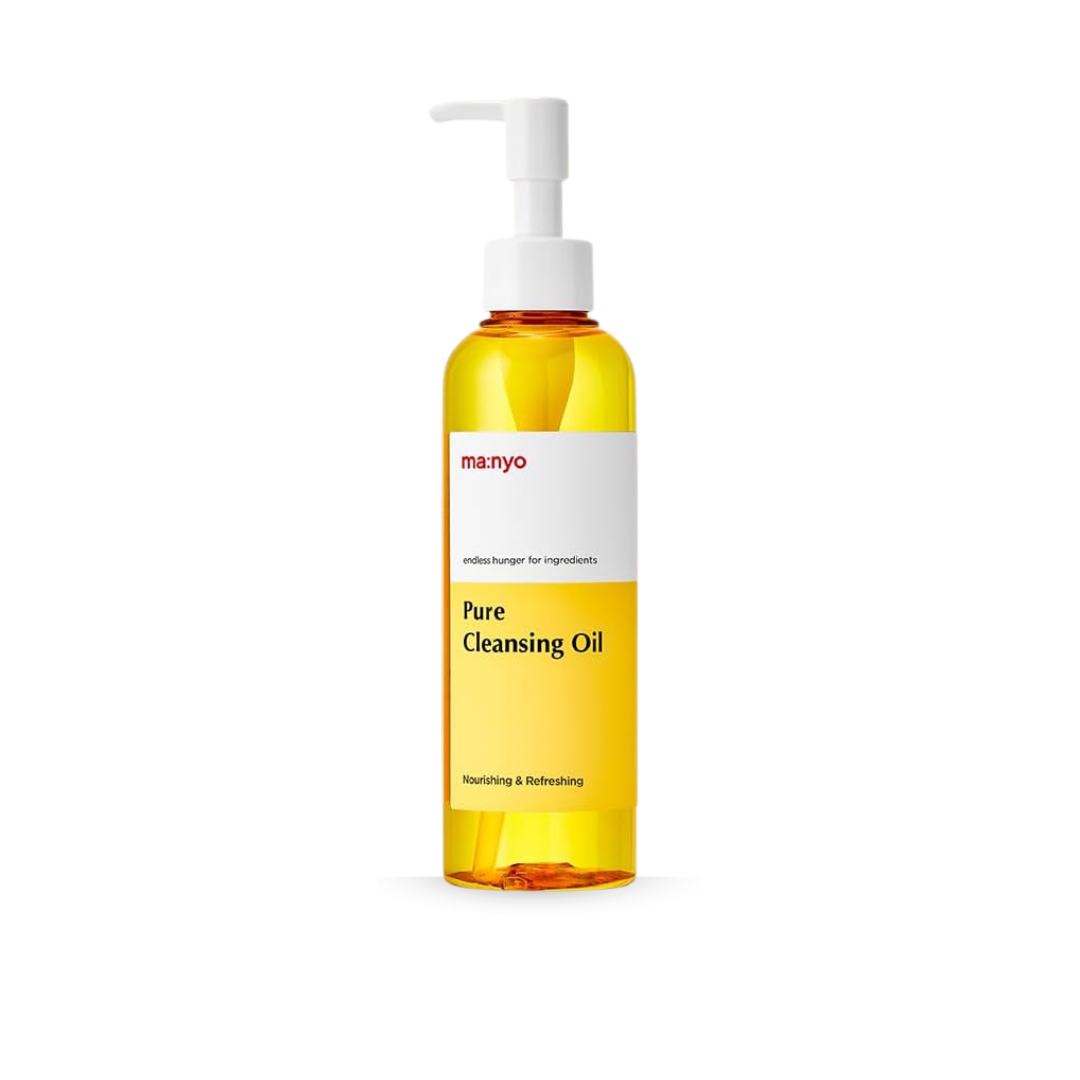 A bottle of manyo Pure Cleansing Oil with a white pump dispenser and a white label, showing the yellow oil inside, on a solid white background.