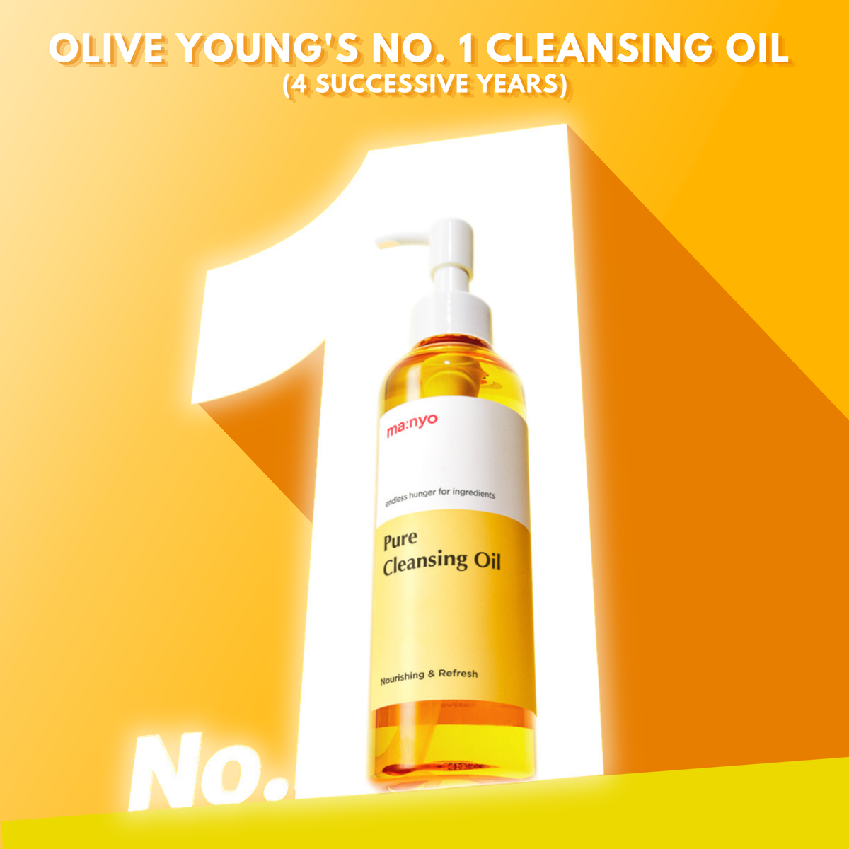 A bottle of Olive Young's No. 1 Cleansing Oil by maritoyo, featuring a white pump and a white label with yellow text, set against a bold yellow and orange graphic background with a large number 1.
