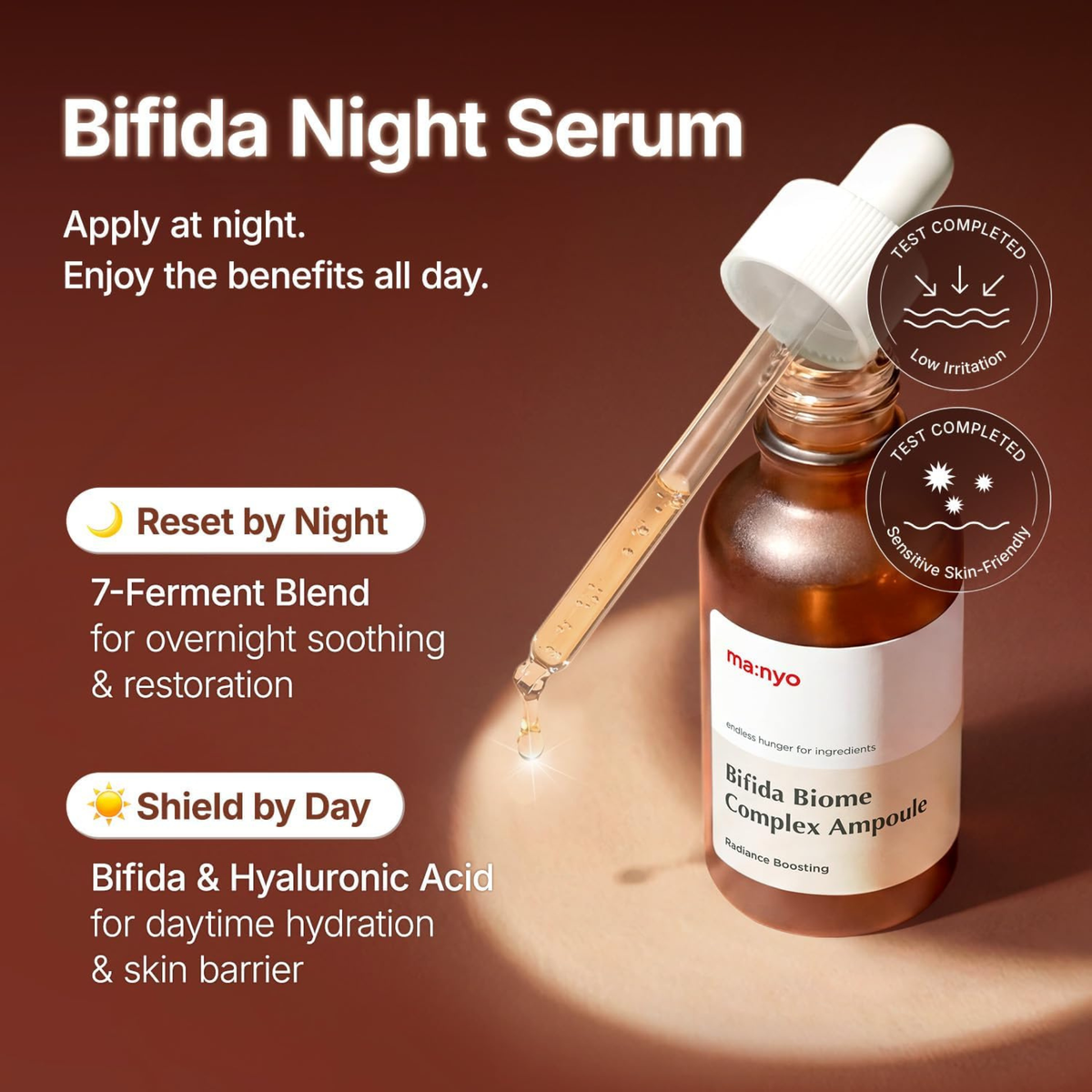 Ma:nyo Bifida Biome Complex Ampoule with dropper on a brown backgroudn with text on night use and day benefits of the product. Hero ingredients are also mentioned