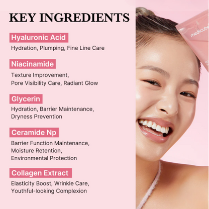 List of key ingredients forMedicube Collagen Night Wrapping Mask with a smiling person wearing a the mask on a pink background