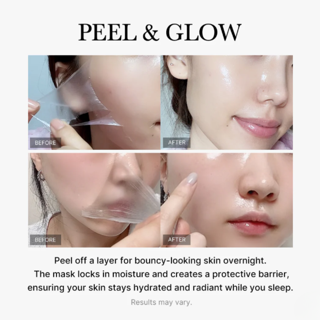 Before and after of wearing Medicube Collagen Night Wrapping Mask