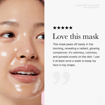 Person with a glowing complexion after using the Medicube Collagen Night Wrapping Mask, with a five-star rating and review text on the right.