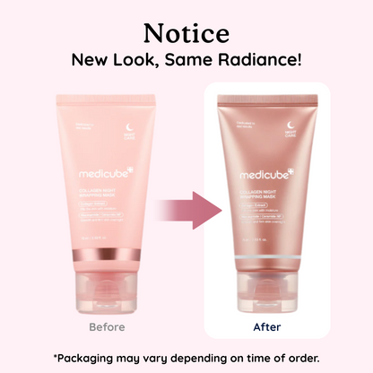 Medicube Collagen Night Wrapping Mask packaging change notice.