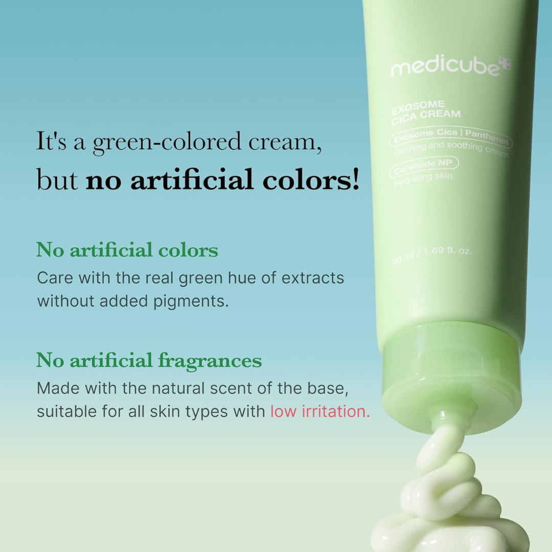 Medicube Exosome Cica Cream with text highlighting natural ingredients on a light blue background
