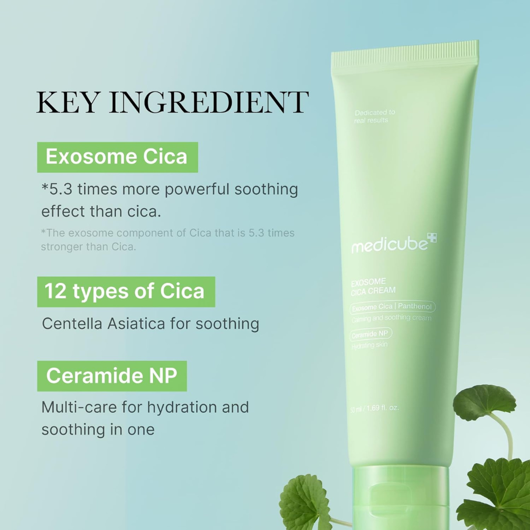 Medicube Exosome Cica Cream with Exosome Cica and Ceramide NP on a light blue background