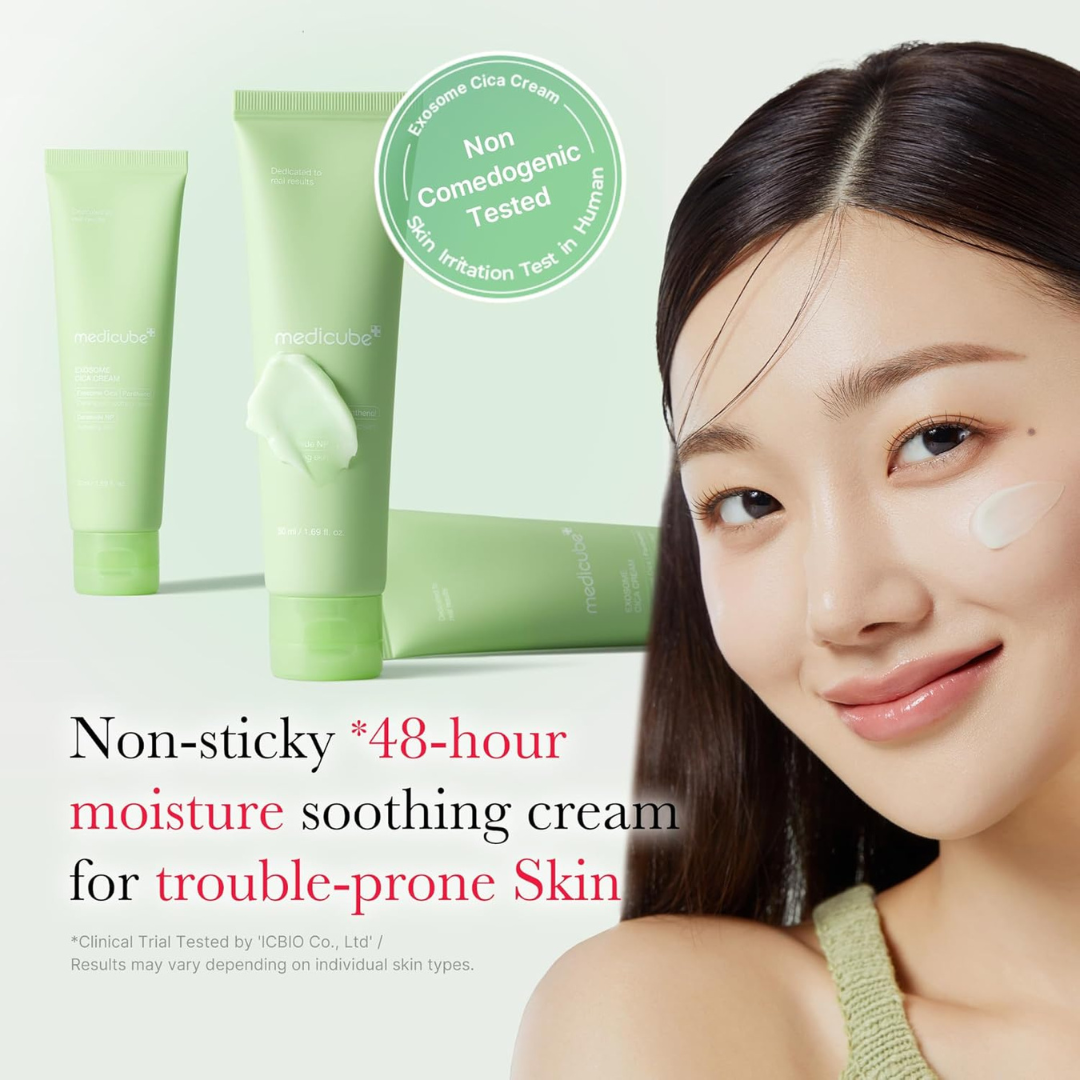 Medicube Exosome Cica Cream with a woman's face showing product on skin, on a light green background.