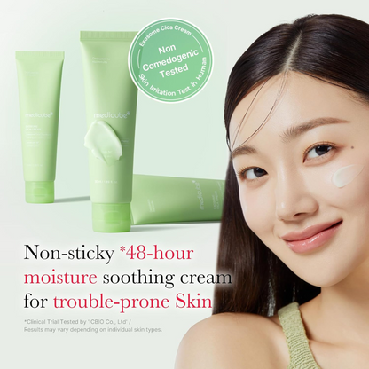 Medicube Exosome Cica Cream with a woman's face showing product on skin, on a light green background.