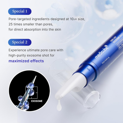 Medicube One Day Exosome Shot Pore Ampoule 25000 with text about pore-targeted ingredients and exosome shot on a light blue background.