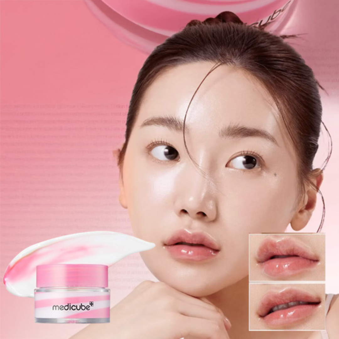 Woman applying Medicube PDRN Lip Sleeping Mask to her  lips with Medicube jar and close-up of lips on a pink background