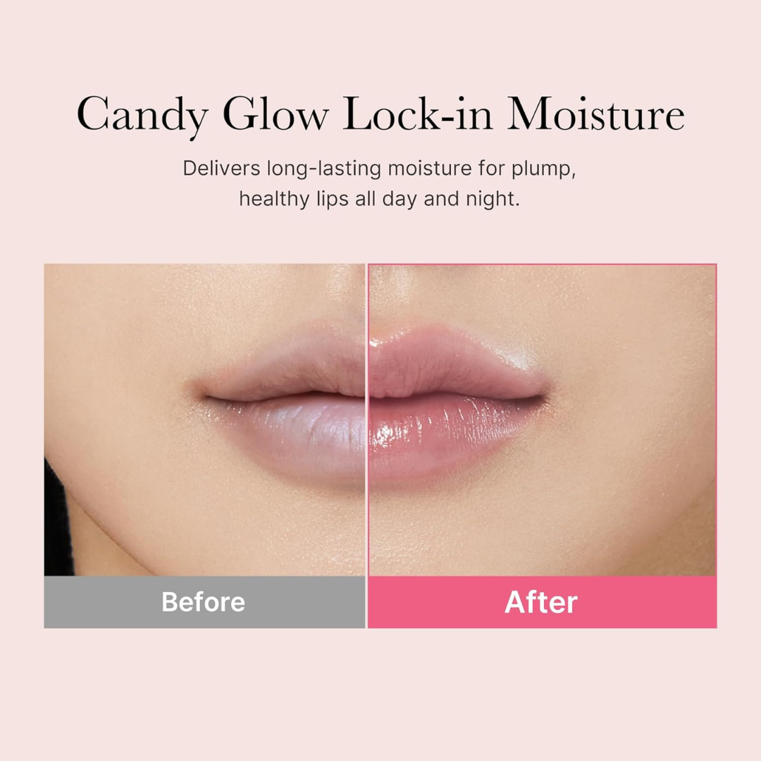 Before and after comparison of lips with Candy Glow Lock-in Moisture product application. Medicube PDRN Lip Sleeping Mask