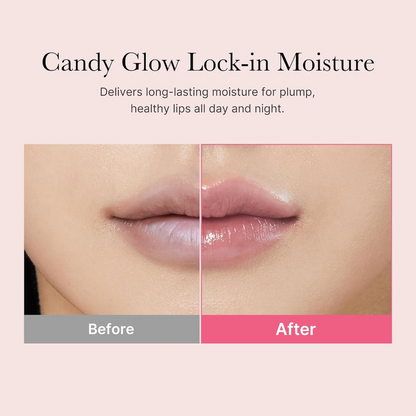 Before and after comparison of lips with Candy Glow Lock-in Moisture product application. Medicube PDRN Lip Sleeping Mask