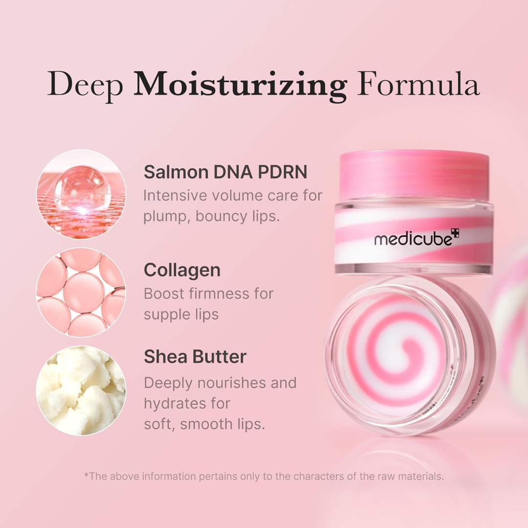 Medicube PDRN Lip Sleeping Mask with ingredients listed on a pink background