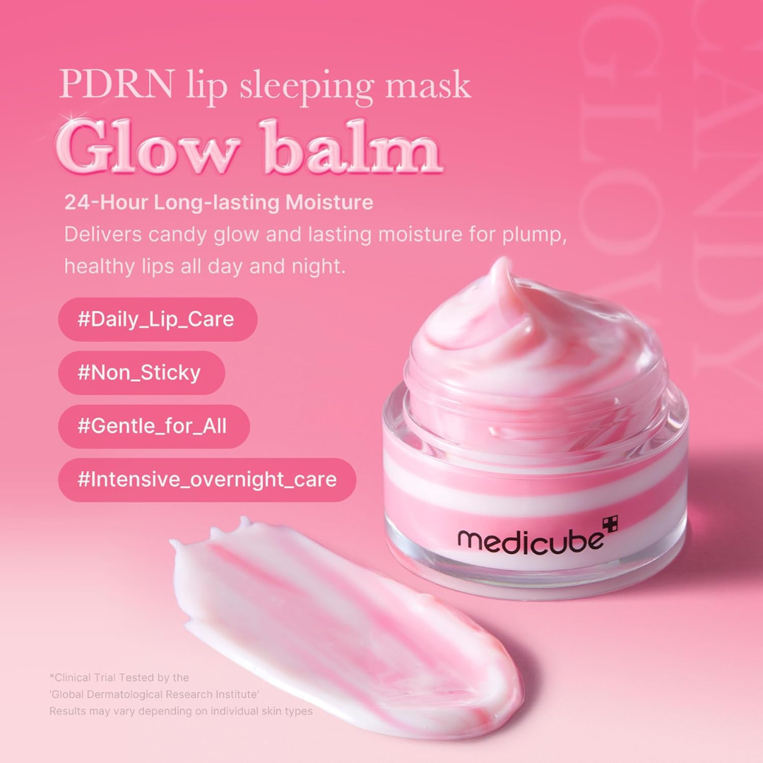 PDRN lip sleeping mask glow balm with pink background and Medicube branding. Medicube PDRN Lip Sleeping Mask. 24 hour long-lasting moisture.
