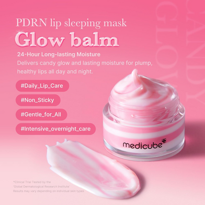 PDRN lip sleeping mask glow balm with pink background and Medicube branding. Medicube PDRN Lip Sleeping Mask. 24 hour long-lasting moisture.