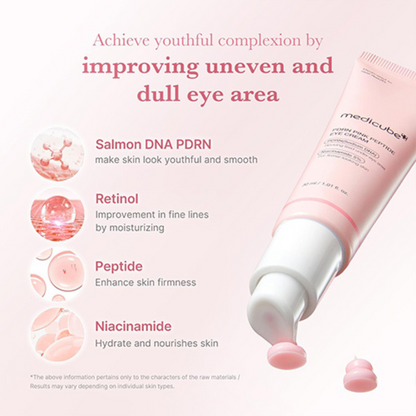 Medicube PDRN Pink Peptide Eye Cream tube with ingredient highlights on a pink background