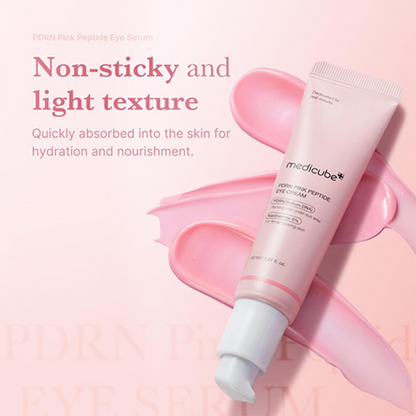 Medicube PDRN Pink Peptide Eye Cream on a pink background with text about non-sticky texture.