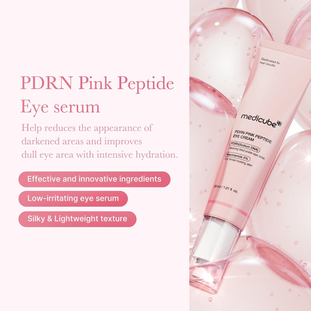 Medicube PDRN Pink Peptide Eye Cream with product details on a white background
