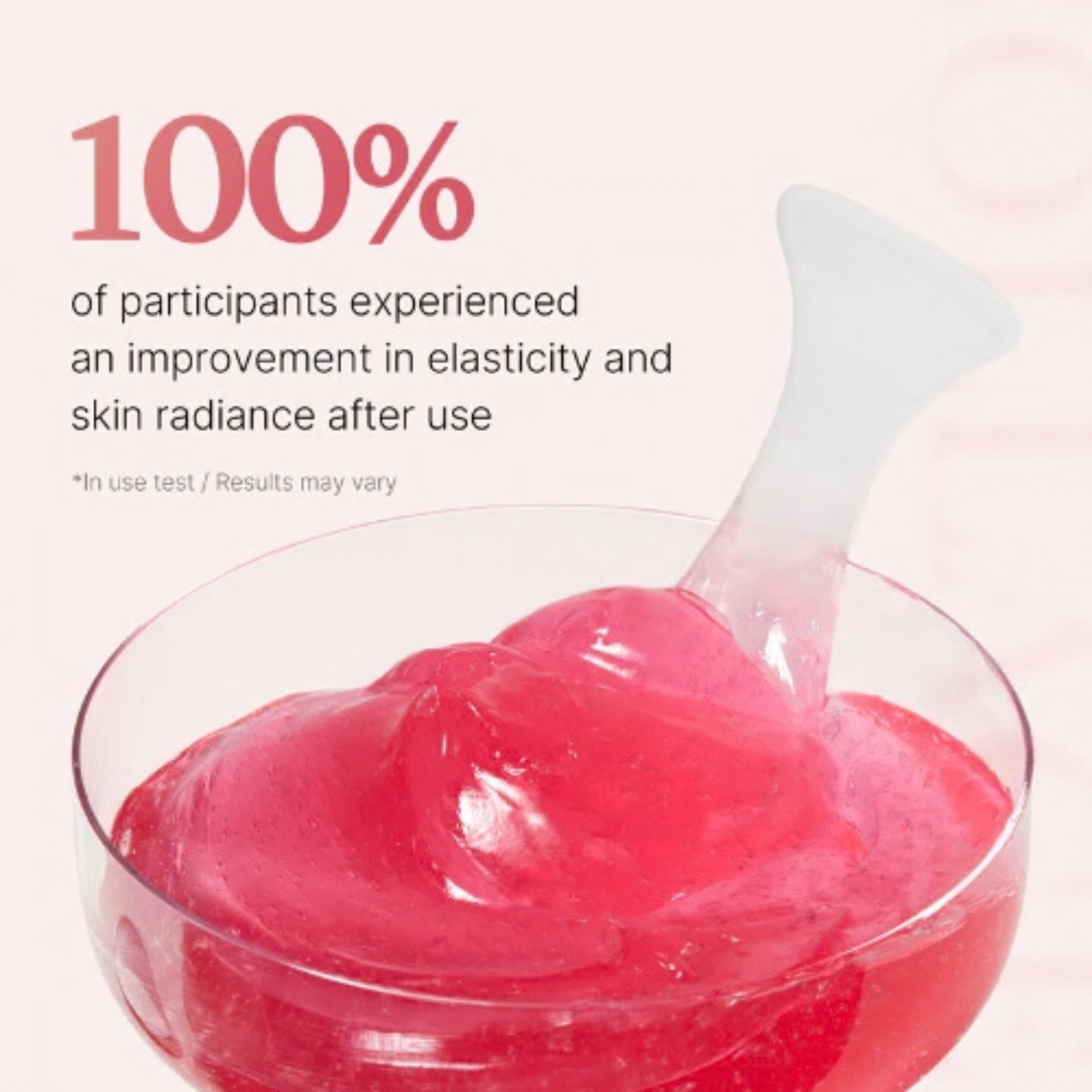 Medicube Collagen Jelly Cream in a bowl with a spoon on a light pink background, featuring text about 100% of participants experiencing skin improvement.