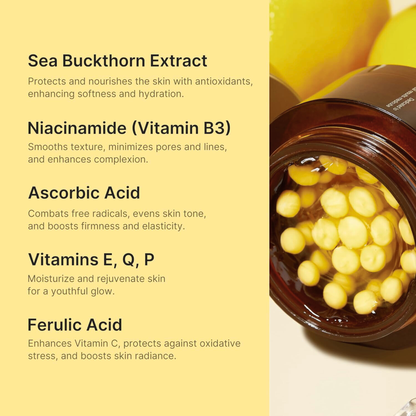 Jar of Medicube Deep Vita C capsule cream with text about skincare benefits on a yellow background