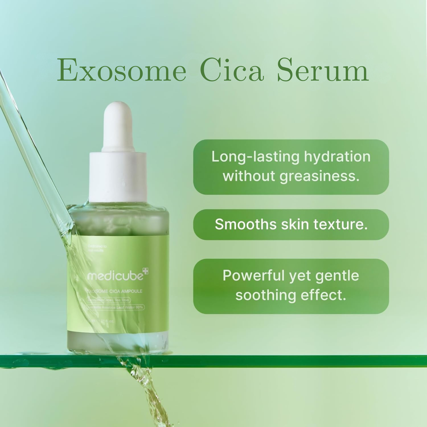 Medicube Exosome Cica Serum bottle with text on skincare benefits on a green background