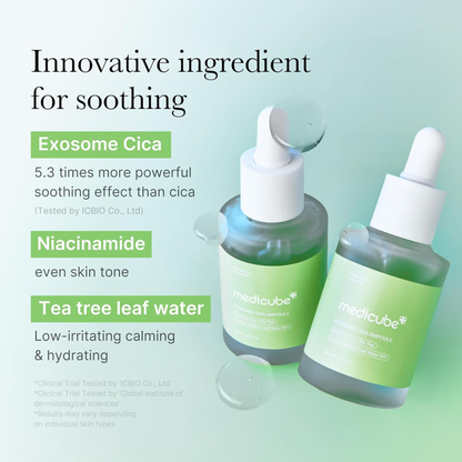 Two sMedicube Exosome Cica Serum bottles with green labels on a light blue background, featuring text about their ingredients and benefits.
