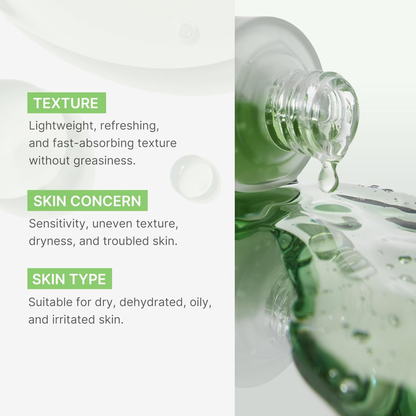 Tipped bottle of Medicube Exosome Cica Serum with text on texture, skin concerns, and skin types.