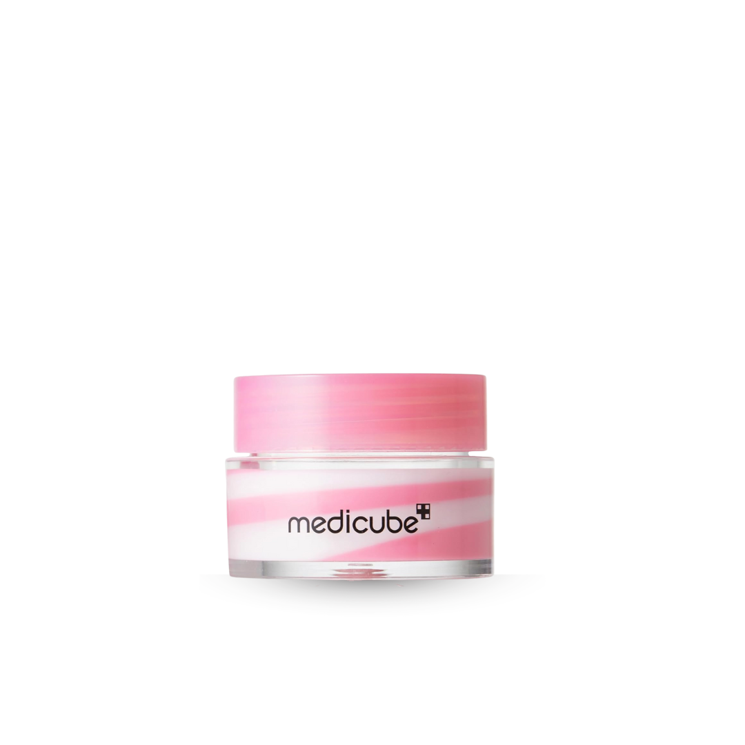 Pink and white jar of Medicube PDRN Lip Sleeping Mask on a white background
