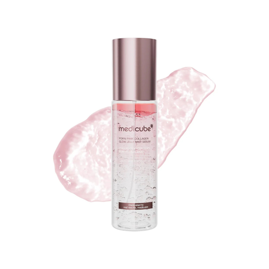 Medicube PDRN Pink Collagen Glow Jelly Mist Serum with jelly smear on a white background