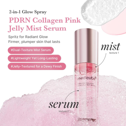 Description of Medicube PDRN Pink Collagen Glow Jelly Mist Serum texture and finish with a Medicube PDRN Pink Collagen Glow Jelly Mist Serum bottle and surrounded with jelly serum