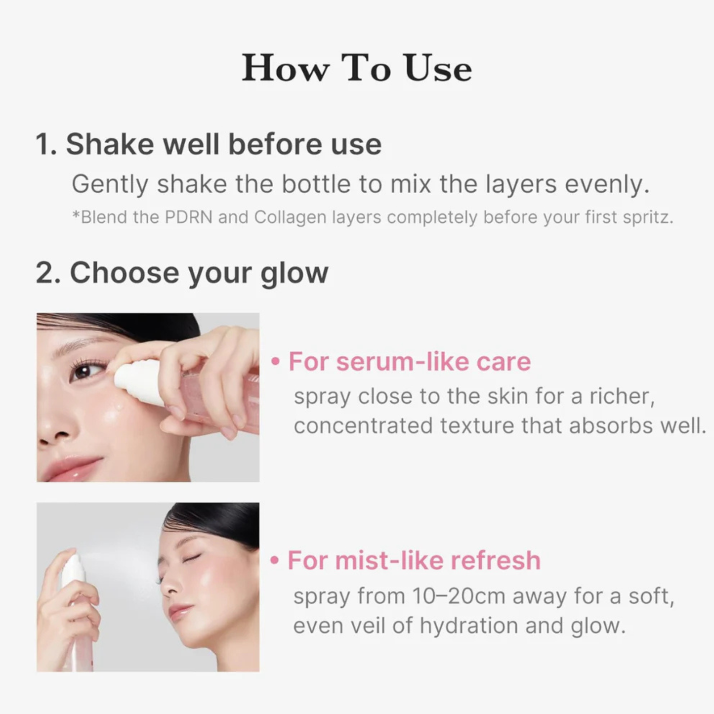 How to use instructions of Medicube PDRN Pink Collagen Glow Jelly Mist Serum with woman showing how the product should be applied