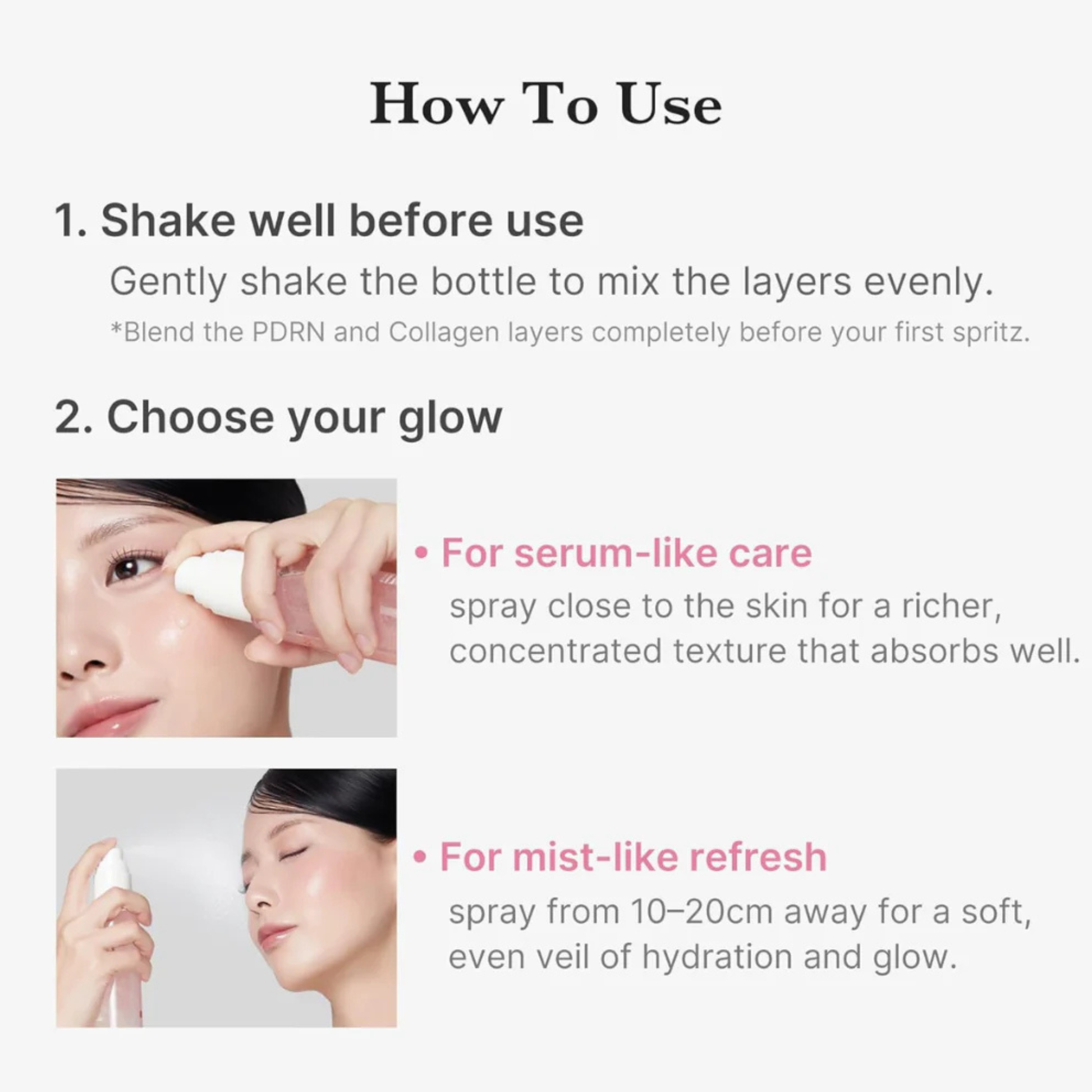 How to use instructions of Medicube PDRN Pink Collagen Glow Jelly Mist Serum with woman showing how the product should be applied