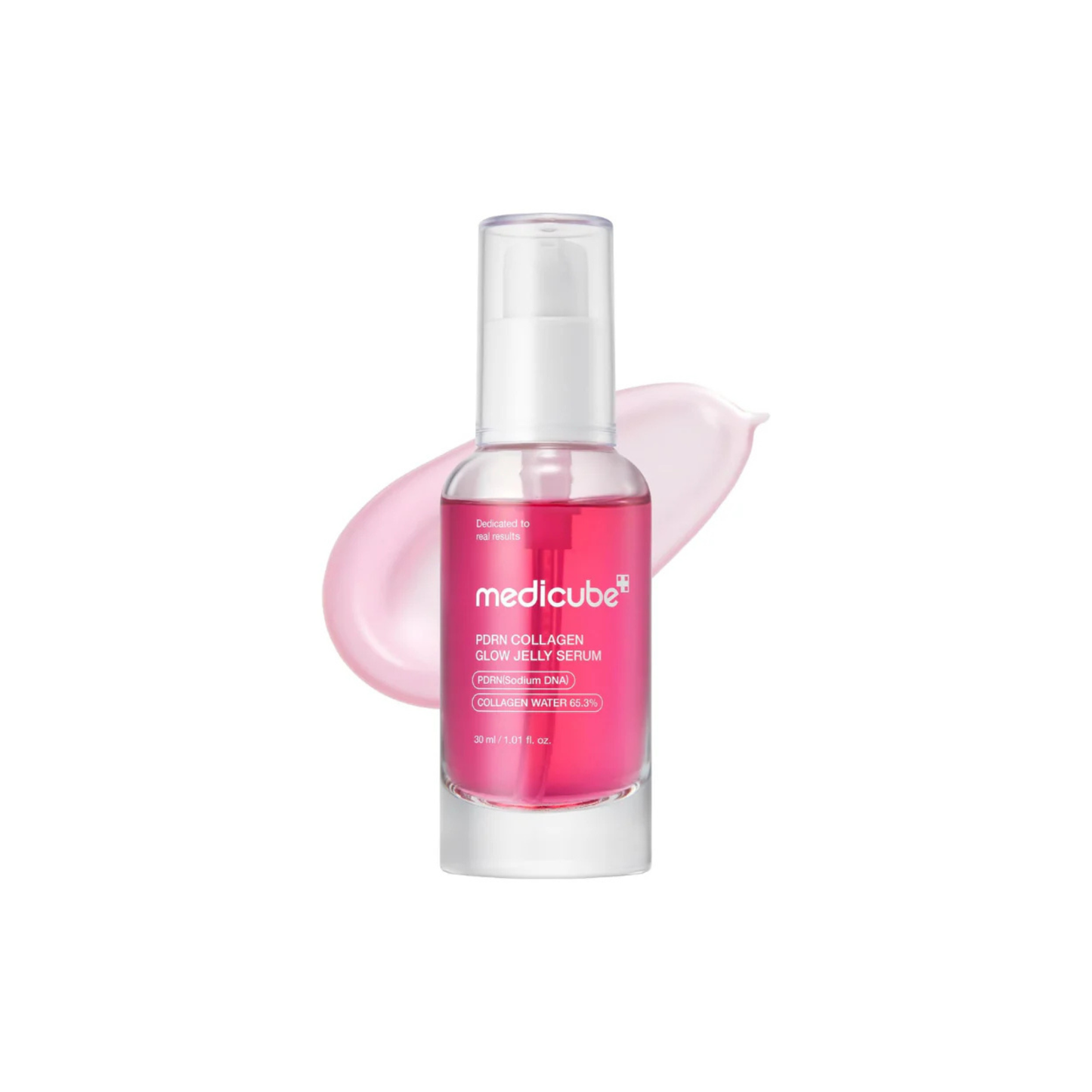 Medicube PDRN Collagen Glow Jelly Serum with serum smear on a white background