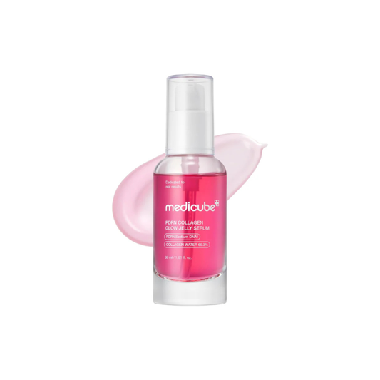 Medicube PDRN Collagen Glow Jelly Serum with serum smear on a white background