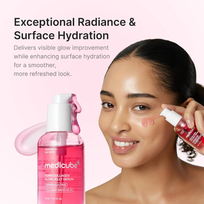 Product information about the Medicube PDRN Collagen Glow Jelly Serum  with a Medicube PDRN Collagen Glow Jelly Serum bottle and a woman applying the serum to her cheek