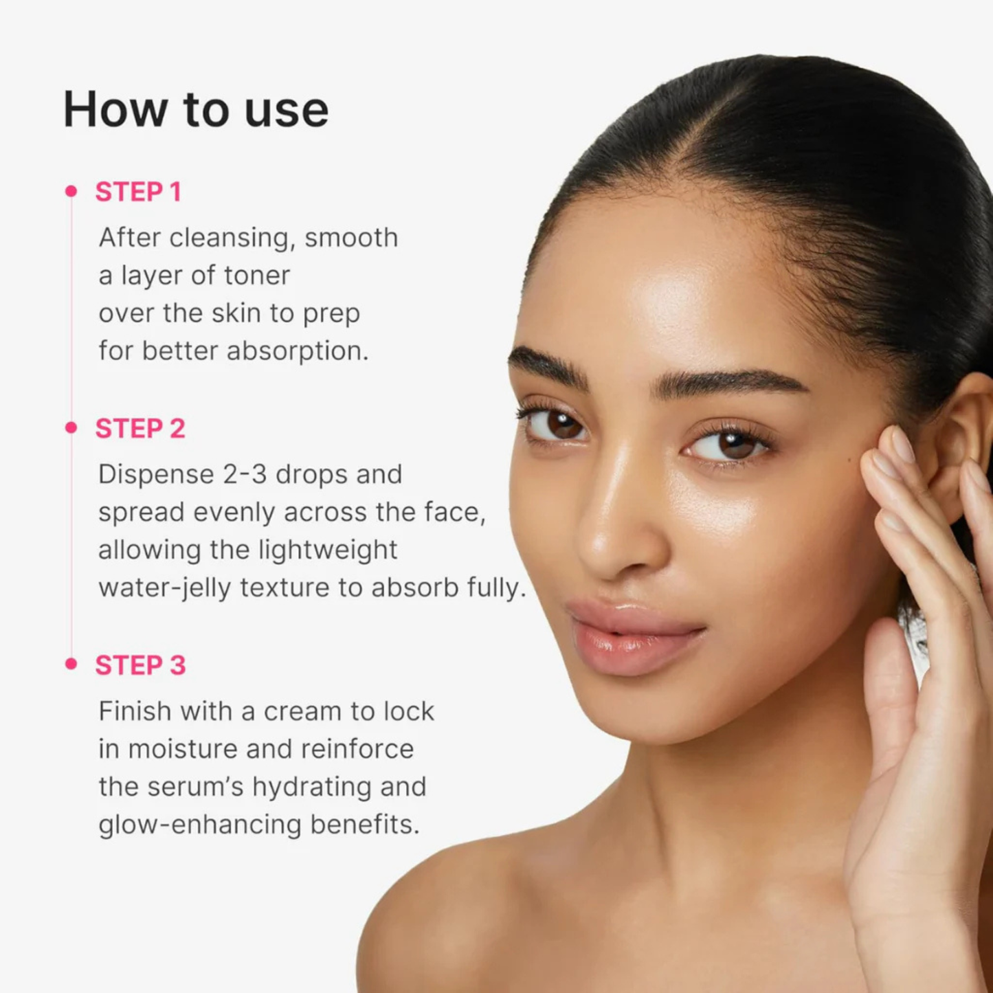 Instructions on how to use the Medicube PDRN Collagen Glow Jelly Serum with a woman with glowing skin after the application of the product