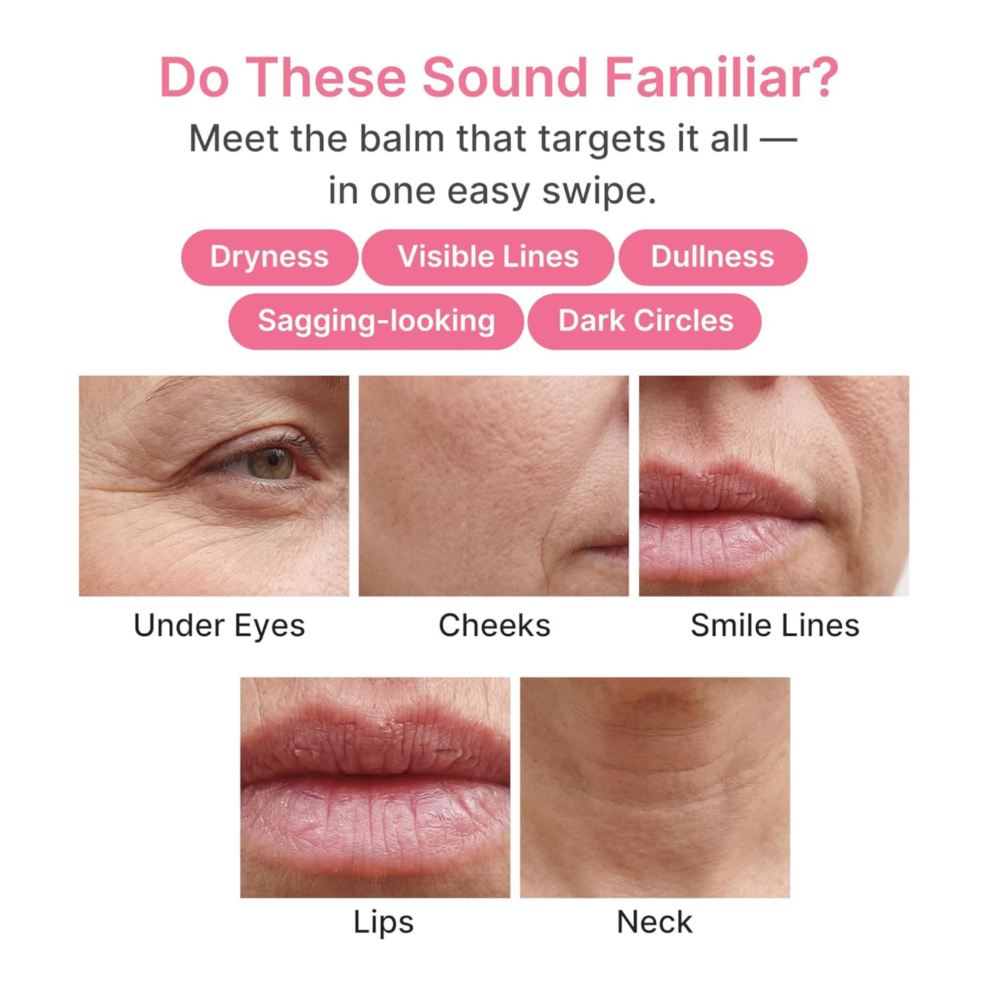 Information on the Medicube PDRN Pink Collagen Volume Multi Balm targeting dryness, visible lines, dullness, sagging, and dark circles on skin showing areas of the face and neck where it can be applied