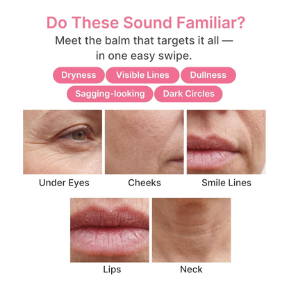 Information on the Medicube PDRN Pink Collagen Volume Multi Balm targeting dryness, visible lines, dullness, sagging, and dark circles on skin showing areas of the face and neck where it can be applied